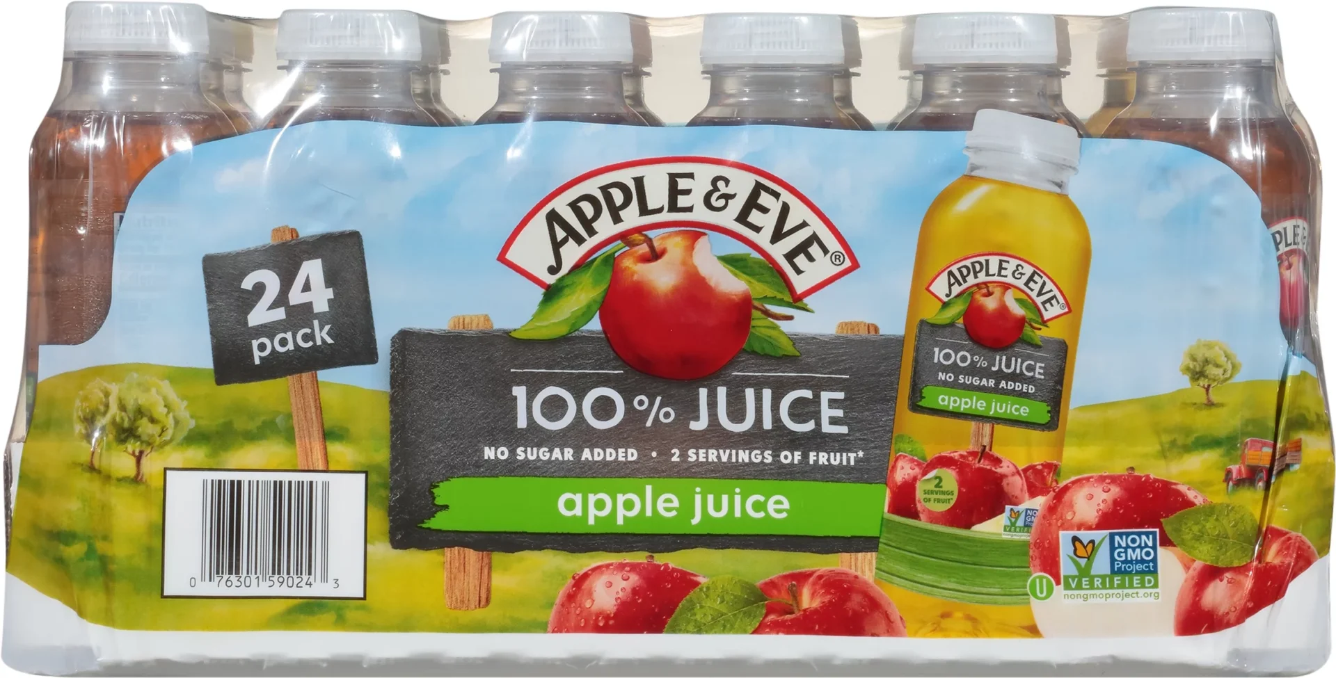 A 24-pack of Apple & Eve 100% Apple Juice bottles, labeled as 100% juice with no added sugar, displayed in a cardboard packaging.