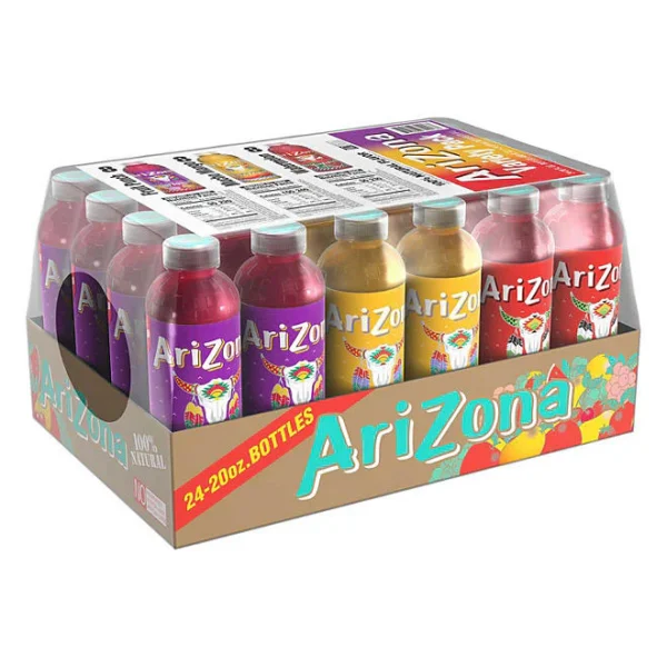 Pack of 24 AriZona juice cocktail bottles in assorted flavors, displayed in a cardboard casing with vibrant graphics.