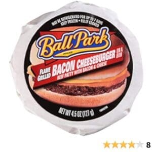 Packaged Ball Park Bacon Cheese Burger with product label visible, and a 4-star customer review rating shown.