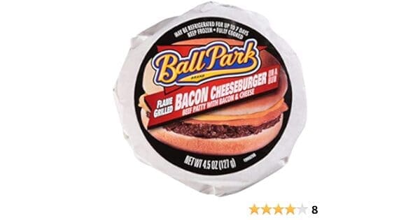 Packaged Ball Park Bacon Cheese Burger with product label visible, and a 4-star customer review rating shown.