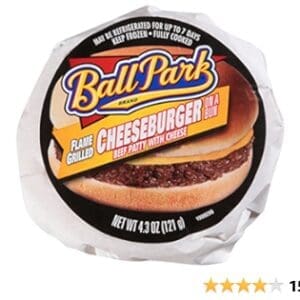 Packaged Ball Park Cheese Burger in a sealed wrapper, showing the product image and label.