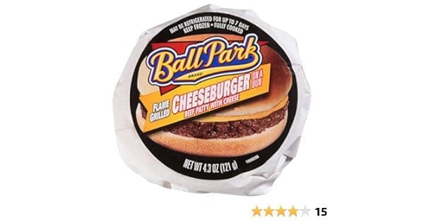 Packaged Ball Park Cheese Burger in a sealed wrapper, showing the product image and label.