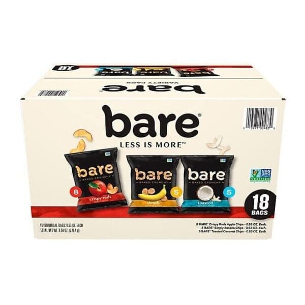 A box of Bare Baked Crunchy Variety Pack apple chips in assorted flavors, containing 18 snack-sized bags.