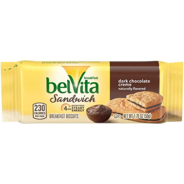 Belvita Sandwich Cookies with Dark Chocolate Creme.