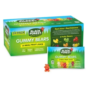 24 pack black forest gummy bears with real fruit juice.