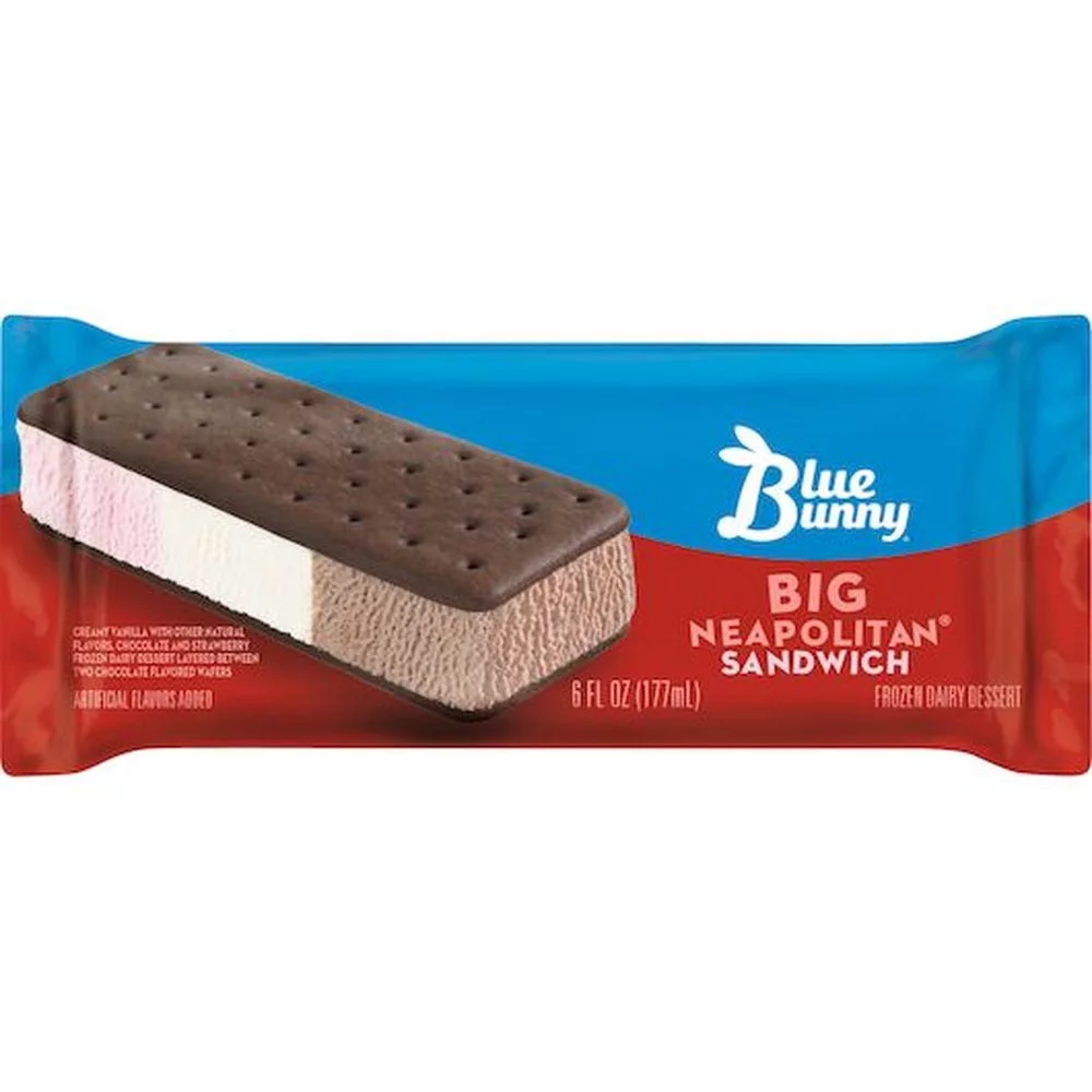 Packaged Blue Bunny Big Neapolitan Sandwich, Frozen, featuring layers of chocolate, vanilla, and strawberry ice cream between two chocolate cookies.