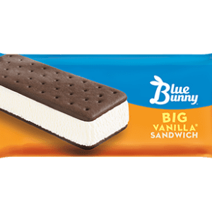 Packaging of a Blue Bunny Big Vanilla Sandwich, Frozen with a depiction of the product, featuring vanilla ice cream between two chocolate cookies.