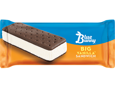 Packaging of a Blue Bunny Big Vanilla Sandwich, Frozen with a depiction of the product, featuring vanilla ice cream between two chocolate cookies.