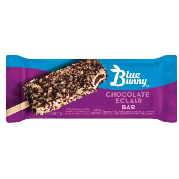 Blue Bunny Chocolate Éclair Bar, Frozen, featuring vanilla ice cream coated with chocolate and cake crunch, in purple and blue packaging.