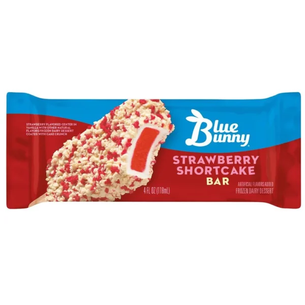 Packaging of Blue Bunny Strawberry Shortcake Bar, Frozen, showing a partially unwrapped ice cream bar with a strawberry center and coated with cake crumbs.