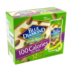 A box of Blue Diamond Almonds Grab-and-Go Bags, advertising 100 calories per bag, with 32 bags included.