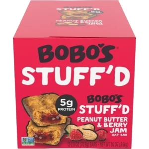 A box of Bobo's Stuff'd Peanut Butter and Berry Jam Bars, showing 12 bars with 5g protein each, total weight 30 oz.