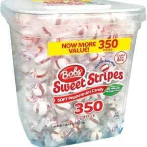 Plastic container of Bobs Sweet Stripes Soft Peppermints, highlighting "now more! 350 value" and "gluten & fat free" labels.