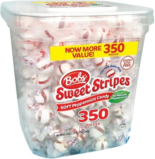 Plastic container of Bobs Sweet Stripes Soft Peppermints, highlighting "now more! 350 value" and "gluten & fat free" labels.