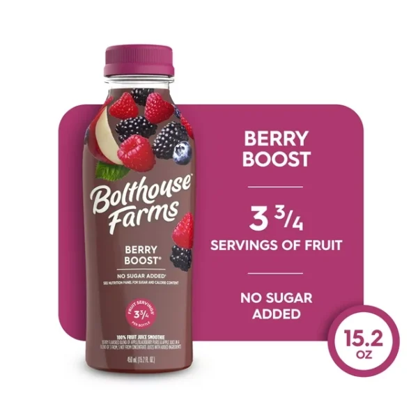 Bolthouse Farms Fruit Juice Smoothie, Berry Boost bottle shows assorted berries with text highlighting "no sugar added" and "3 3/4 servings of fruit," set against a pink background.