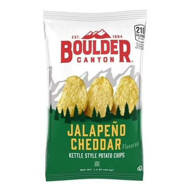 Packaging of Boulder Canyon Jalapeno Cheddar Kettle Chips, depicting chips and mountains, with a green and white color scheme.