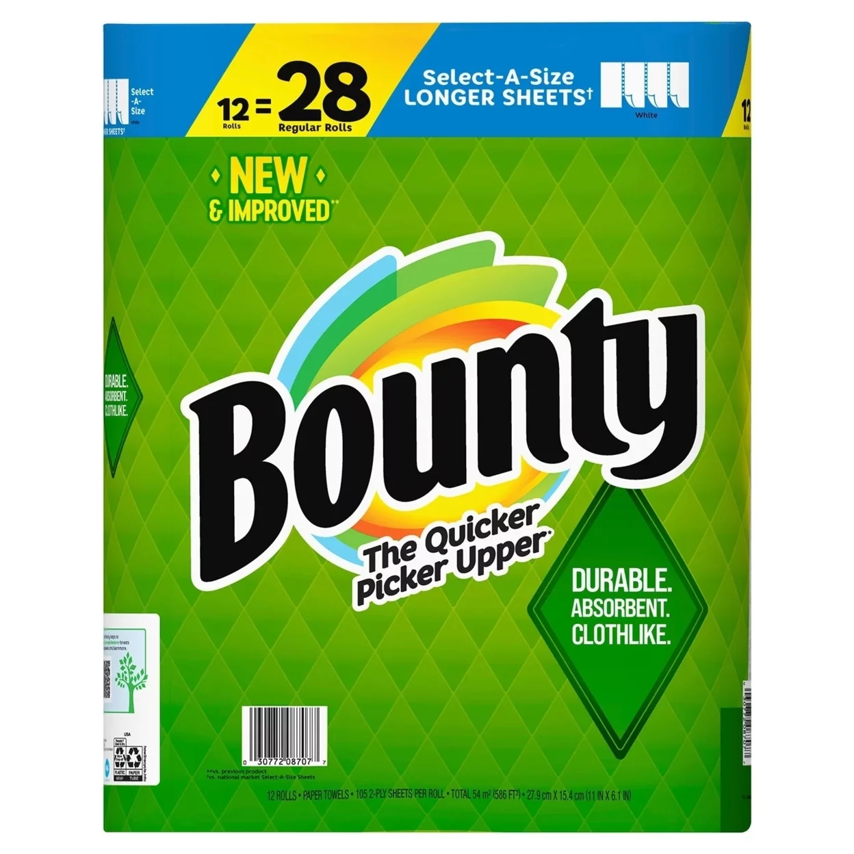 A package of Bounty Select-A-Size Paper Towels, White with 105 sheets/roll, marketed as "the quicker picker upper" with durable, cloth-like texture, and select-a-size longer sheets.