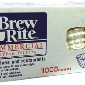 Box of Brew Rite Bunn-Sized Coffee Filters, designed for offices and restaurants, holding 1000 basket-style filters.