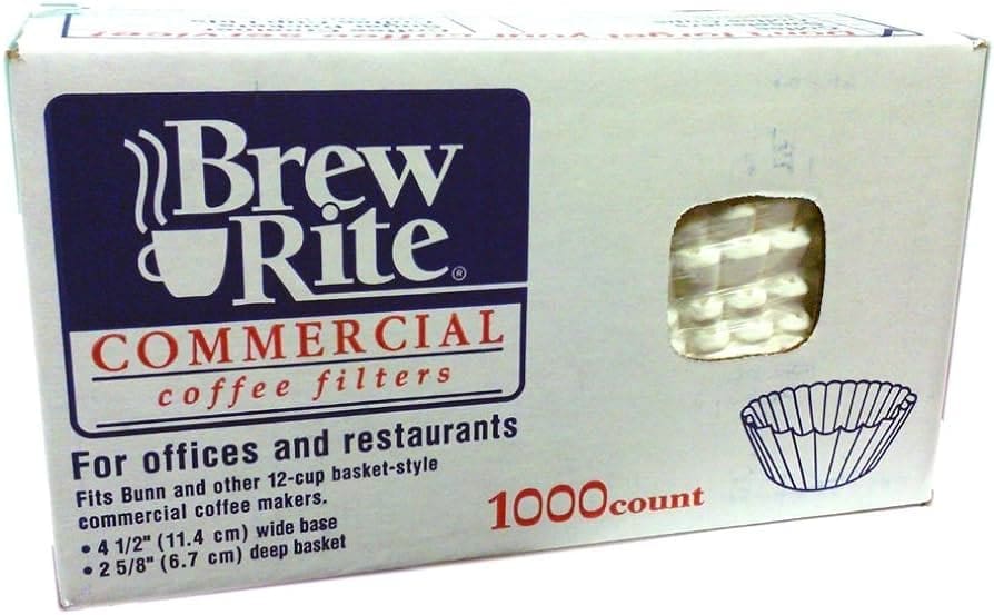 Box of Brew Rite Bunn-Sized Coffee Filters, designed for offices and restaurants, holding 1000 basket-style filters.