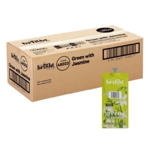 Cardboard box labeled "Bright Tea Co.® Select Green with Jasmine" next to a green tea pouch with jasmine flowers.