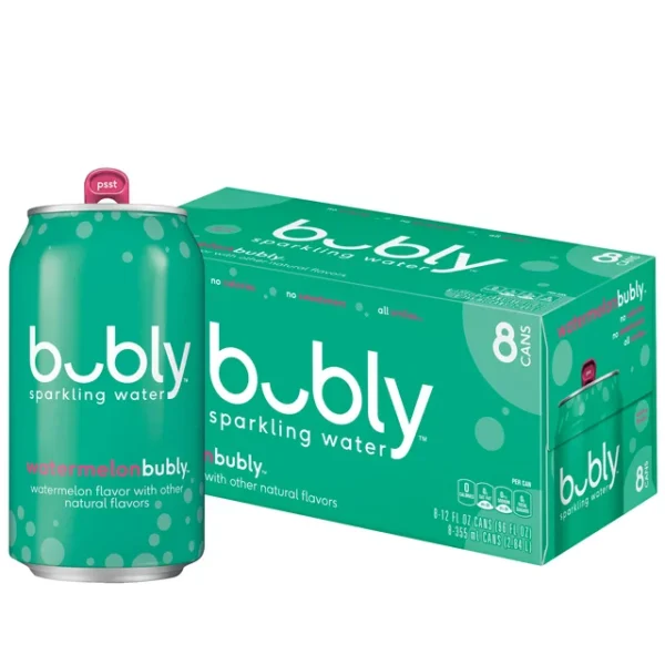 A package of Bubly™ Watermelon Flavored Sparkling Water Cans with one watermelon-flavored can displayed in front of a closed green box.