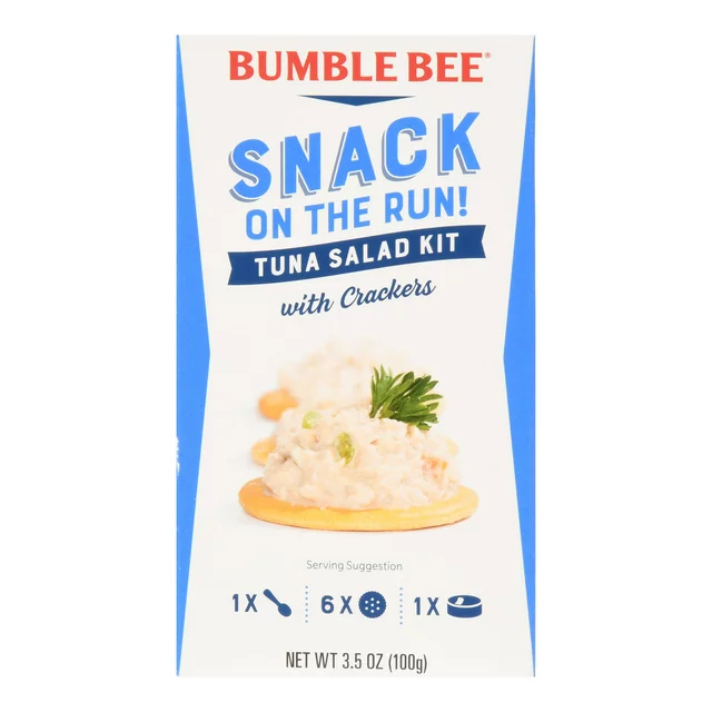 Packaging of Bumble Bee Snack on the Run! Tuna Salad Kit with Crackers, displaying a serving suggestion image on a blue and white design.