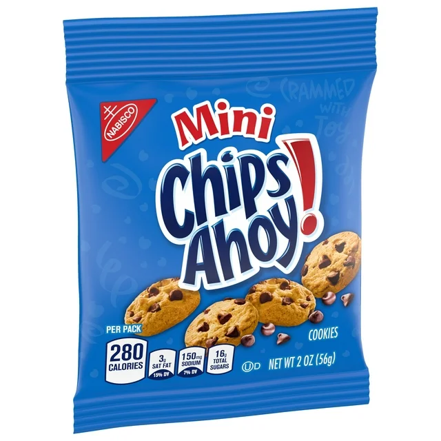 A package of CHIPS AHOY! Mini Original Chocolate Chip Cookies, displaying calorie content and net weight, with images of several cookies and chocolate chips.