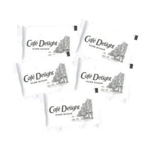 Four Cafe Delight Pure Sugar Packets with a sketch of a street cafe on each, scattered on a white background.