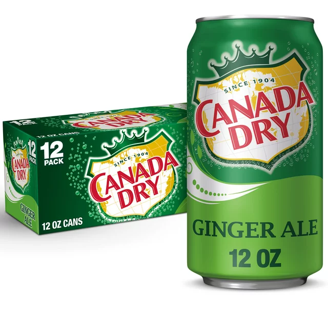 A 12-pack box and a single can of Canada Dry Ginger Ale Soda Cans, both featuring green and white branding.