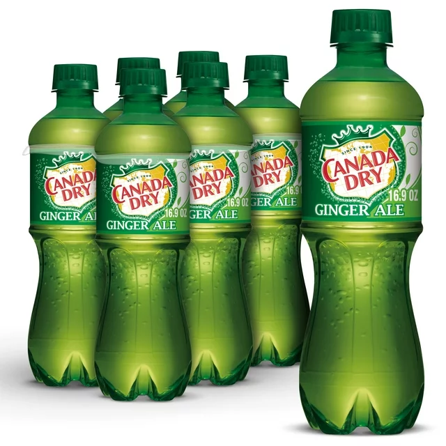 Six bottles of Canada Dry Ginger Ale Soda Bottles lined up, with a predominantly green label and cap, each containing 16.9 oz of soda.