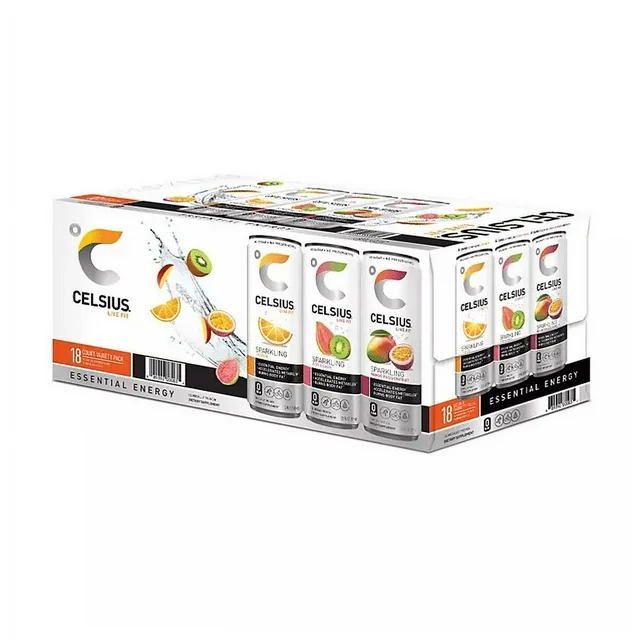 A pack of 18 Celsius Essential Energy Sparkling Variety Pack energy drinks, each can featuring various fruit flavors, displayed in a white box with product branding.