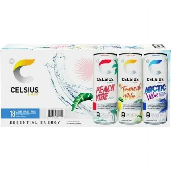 A box of 18 Celsius Essential Energy Sparkling Vibe Variety Pack energy drinks displaying four different flavors: peach vibe, tropical vibe, and arctic vibe.