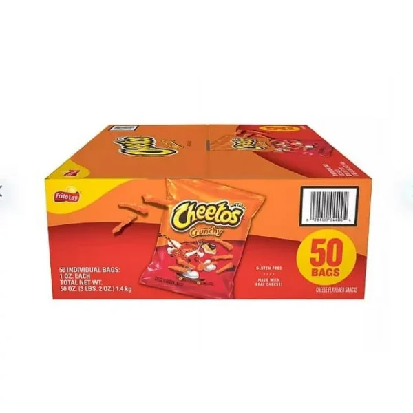 A box of Cheetos Crunchy Cheese Snacks, containing 50 individual bags, displayed on a white background.