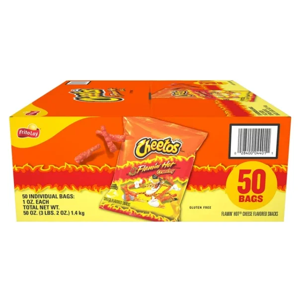 A box of 50 individual 1-oz bags of Cheetos Flamin' Hot Crunchy Snacks, displayed with one bag in front, showing nutritional details and branding.