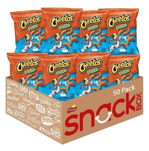 A large box labeled "snack" containing multiple bags of Cheetos Puffs Cheese Snacks, each displaying the product mascot and the nutritional information.