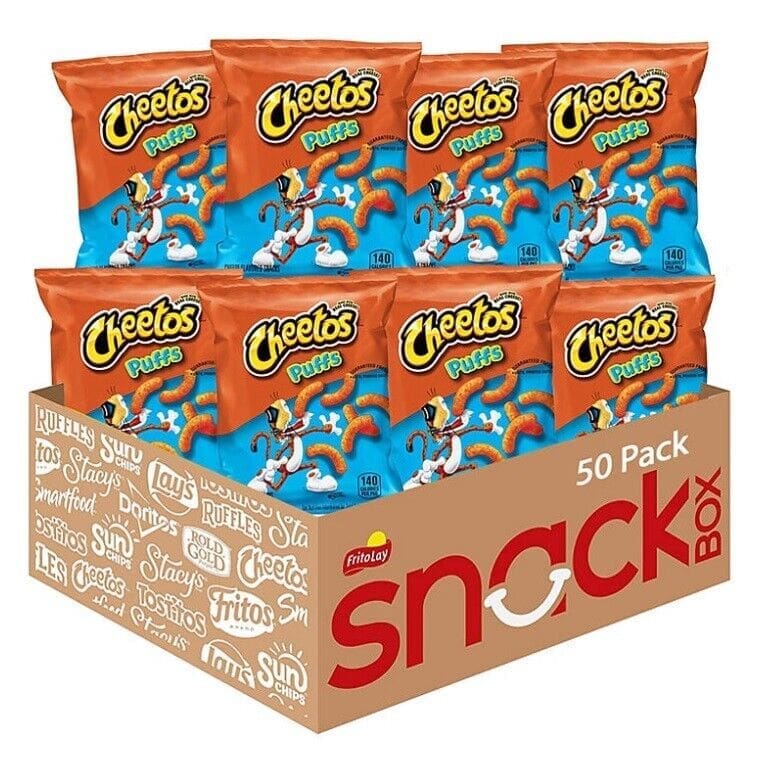 A large box labeled "snack" containing multiple bags of Cheetos Puffs Cheese Snacks, each displaying the product mascot and the nutritional information.