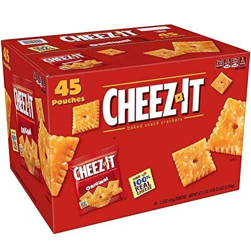 A box of Cheez-It Baked Snack Cheese Crackers, Original, containing 45 pouches, with an emphasis on being made with real cheese.