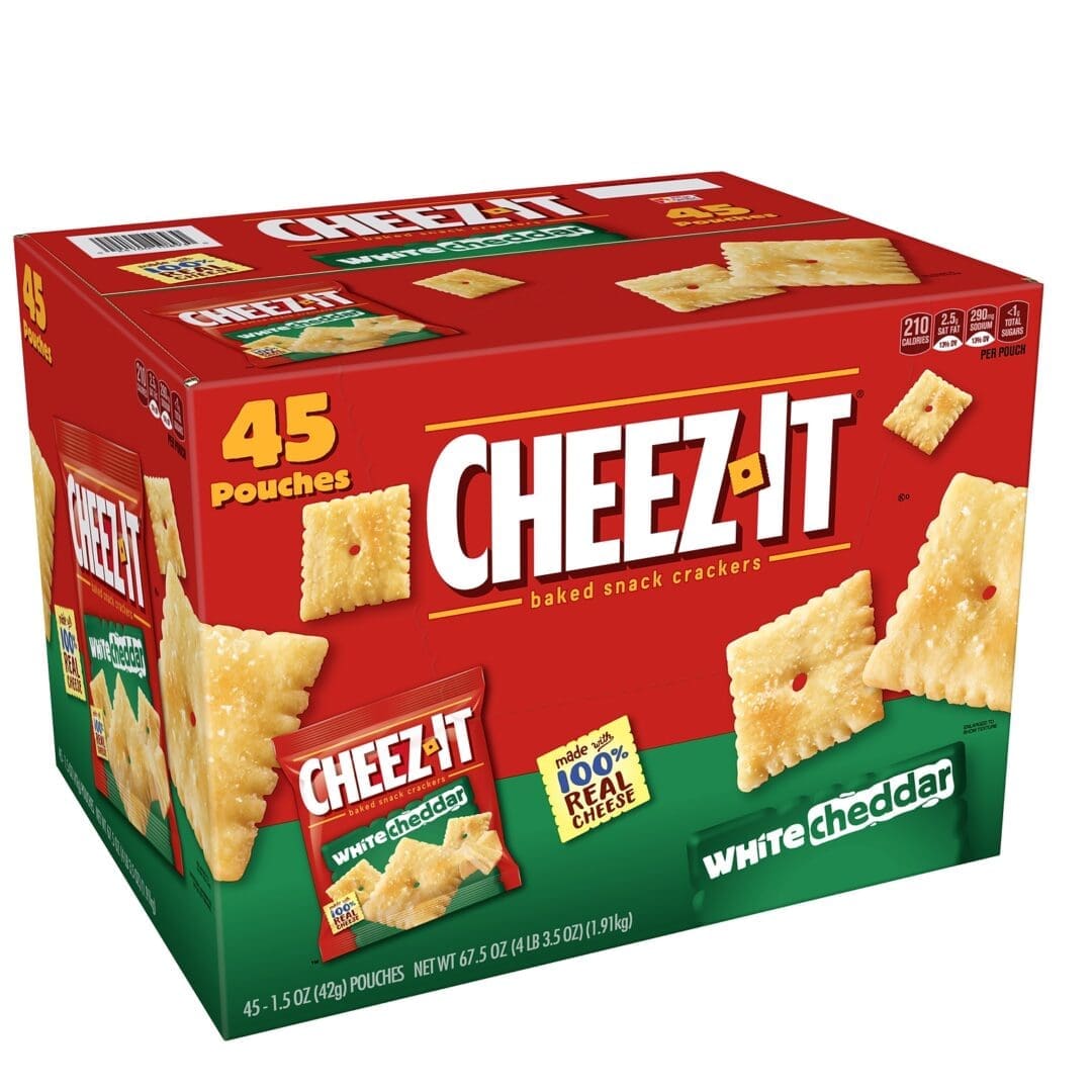 Box of Cheez-It White Cheddar baked snack crackers, containing 45 individual pouches.