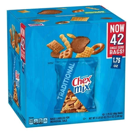 A large blue box containing 42 single-serving bags of Chex Mix Traditional Savory Snack Mix.