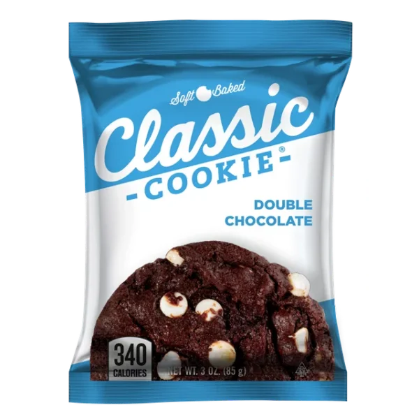 A package of Classic Cookie Double Chocolate Chip w/ Hershey, displaying the cookies and calorie count.