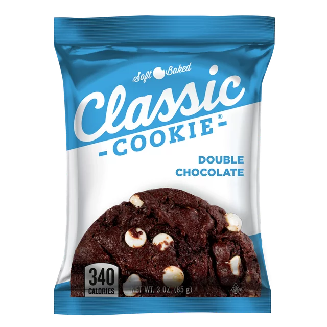 A package of Classic Cookie Double Chocolate Chip w/ Hershey, displaying the cookies and calorie count.