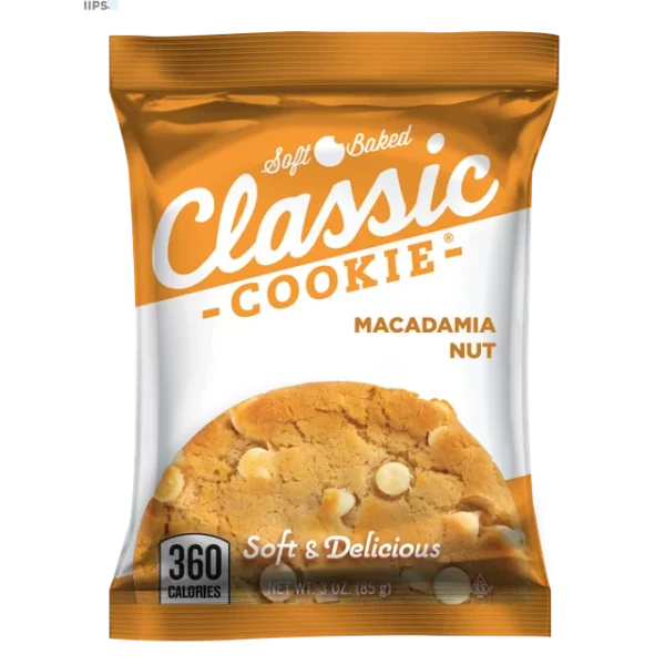 Package of soft-baked Classic Cookie Macadamia Nut w/ Hershey Kiss cookies showing the cookie and calorie information.