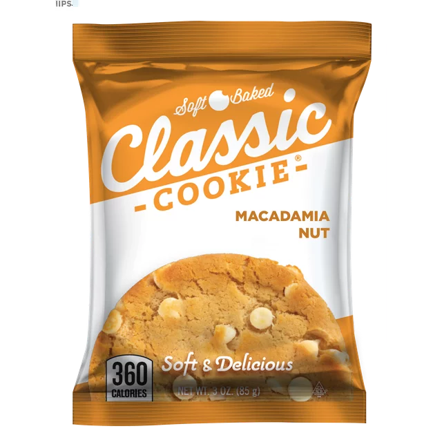 Package of soft-baked Classic Cookie Macadamia Nut w/ Hershey Kiss cookies showing the cookie and calorie information.