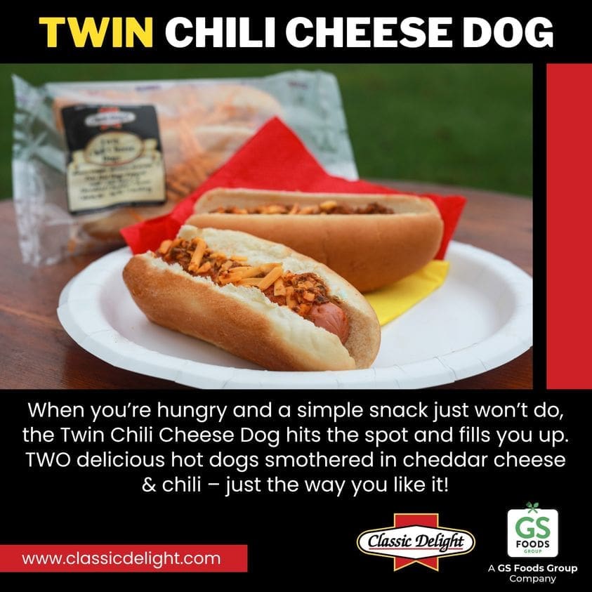 Promotional image of two Classic Delight 2 Pack Chili Cheese Hotdogs in a Bun with a caption emphasizing them as a fulfilling snack, branded by classic delight.