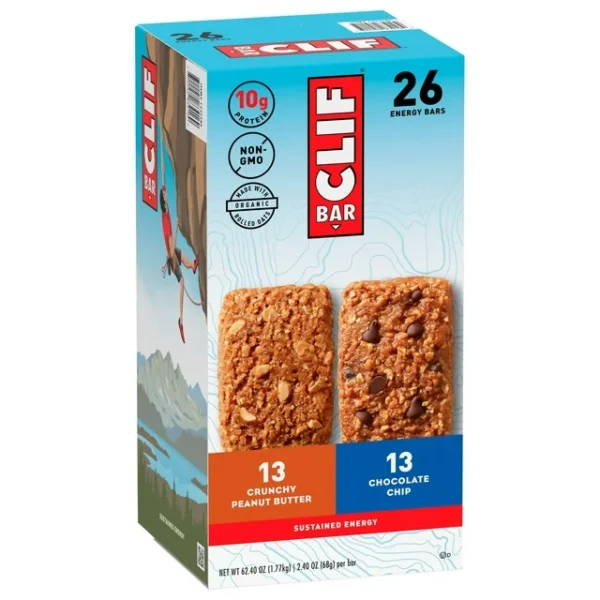 A Clif Bar Variety Pack, featuring 13 crunchy peanut butter bars and 13 chocolate chip bars, with descriptions of contents and nature-themed graphics.