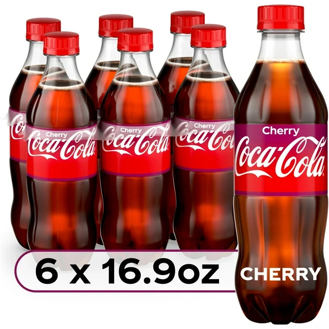 Six Coca-Cola Cherry Soda Bottles arranged in two rows, all with prominent red labels.