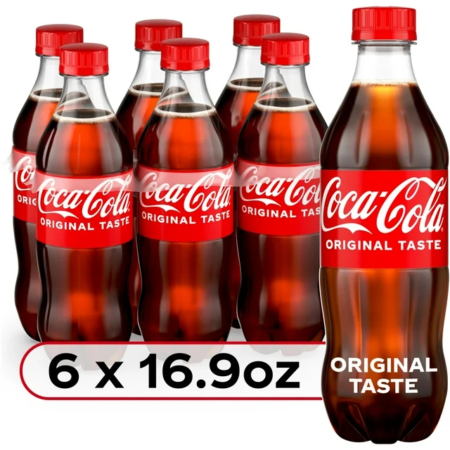 Six bottles of Coca-Cola Soda Bottles with "original taste" labels, each of 16.9 ounces, displayed in two rows.