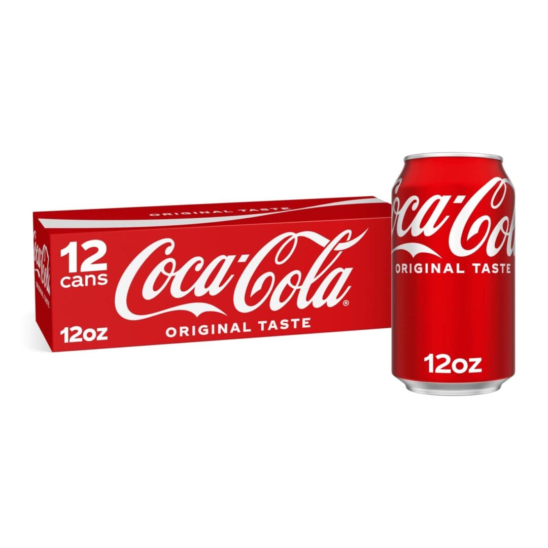 A 12-pack box of 12oz Coca-Cola Soda Cans next to a single Coca-Cola Soda Can displaying the "original taste" label.