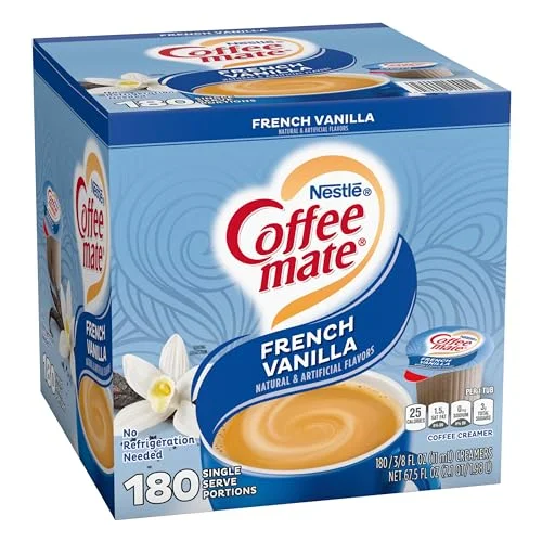 Box of Coffee Mate French Vanilla Liquid Cup with 180 single serving cups, indicating no refrigeration needed.