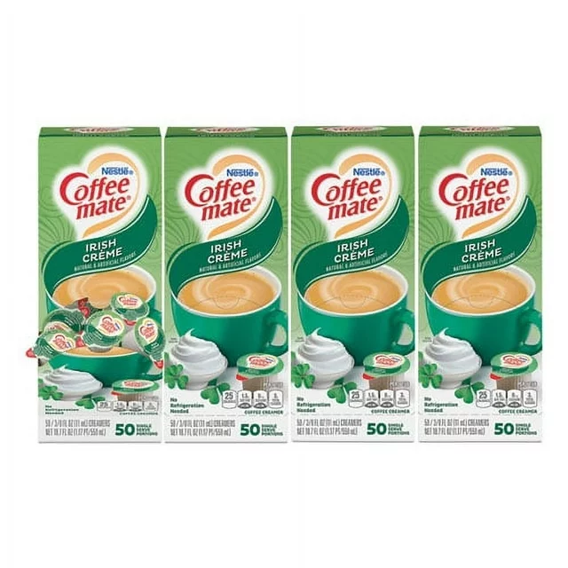 Four cartons of Coffee Mate Irish Cream Liquid lined up in a row. each carton displays an image of a cup of coffee with cream swirls.